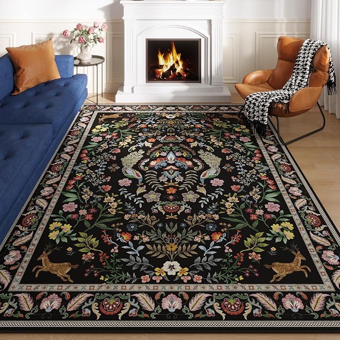 Living Room Rug 6x9 Rug Machine Washable Area Rug Floral Non-Slip Low Pile Large Rug for Living Room, Bedroom, Farmhouse, Dining Room, Kids Playroom (Vibrant Black)