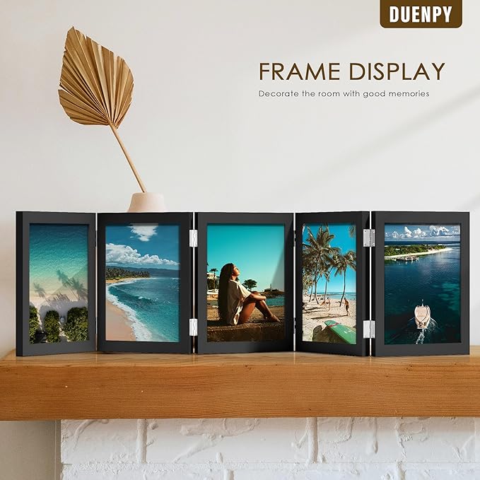 5 Folding 5x7 Picture Frame Horizontal Engineered Wood Accordion Photo Frame with Plexiglass Tabletop Bookshelf Display Black