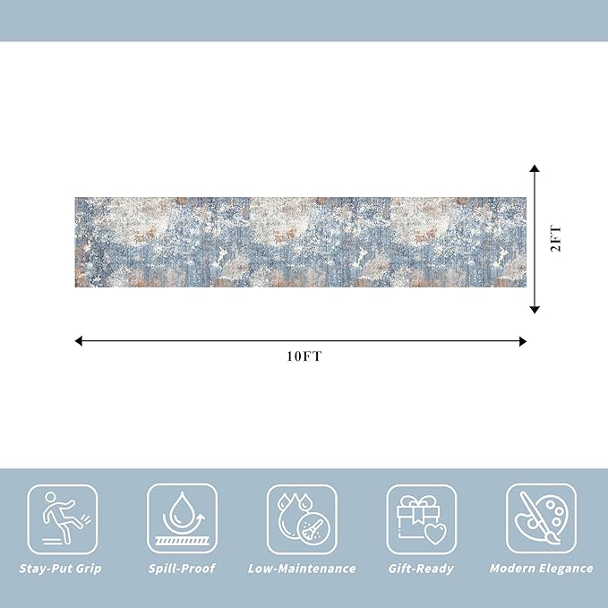 2x10 ft Washable Hallway Runner Rug – Non-Slip Low-Pile Long Carpet Runner for Kitchen Entryway Living Room Bedroom Bathroom, Modern Abstract Neutral (Blue Rust,2x10)