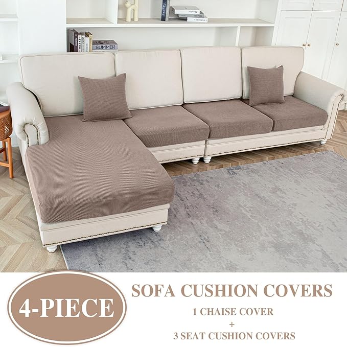 LA MEACK Couch Cushion Covers for Sectional Sofa L Shape Washable Separate Seat Chaise Couch Cover Stretch Sofa Slipcovers with 2 Pcs Pillowcases(3 Seater + 1 Chaise, Khaki)