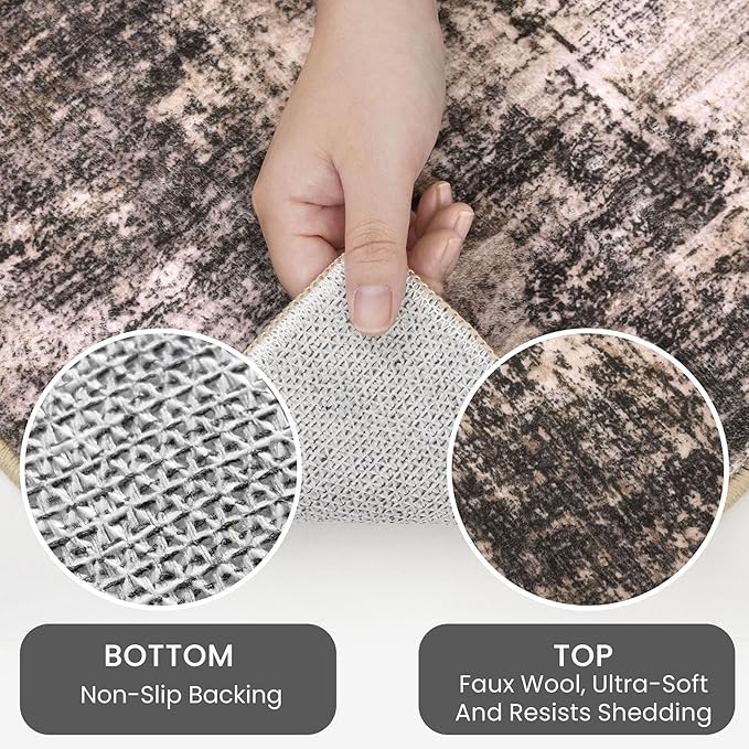 IOHOUZE Abstract Round Area Rug 8 Ft Washable Circle Rugs Large Round Rug Non Slip Thin Soft Circle Rugs, Printed Faux Wool Floor Carpet for Bedroom Living Room Dining Room Nursery, Brown/Rust