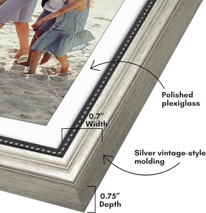Americanflat Vintage Frames - 13x19 Picture Frame with Beaded Accents and Polished Plexiglass - Use as 12x18 Frame or Display 13x19 Photos Without Mat - Heirloom Collection - Wall Display - Silver