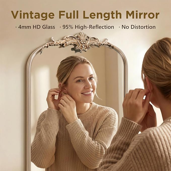 Besdomus Arched Mirror Full Length: 21"x56" French Champagne Gold Vintage Full Body Mirror - Floor Antique Baroque Traditional Ornate for Entryway/Cloakroom/Bedroom - Home Decor for Fashion-Conscious