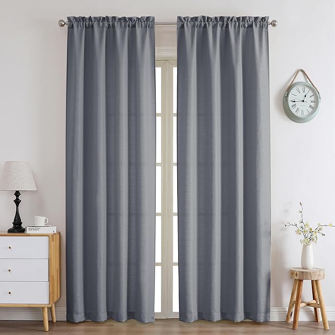 Chyhomenyc Dark Grey Curtains 96 Inch Length 2 Panels, Faux Linen Textured Semi Sheer Airy Light Filtering Soft Privacy Farmhouse Curtain Drapes for Living Room Bedroom, Each 40" Wx96 L