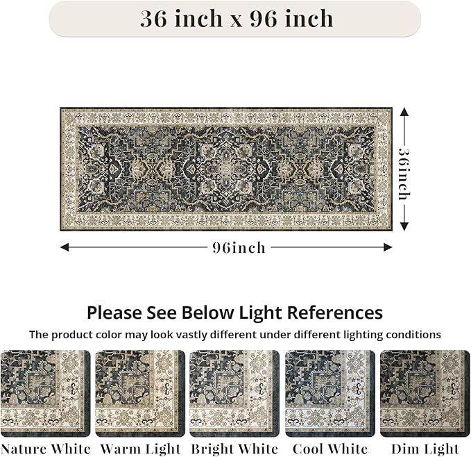 Washable Hallway Runner Rug - 3x8 Kitchen Rug Distressed Low Pile Mats Non Slip Soft Rugs for Dining Room with Rubber Backing Bedroom Runner with Vintage Design (Black 3x8)