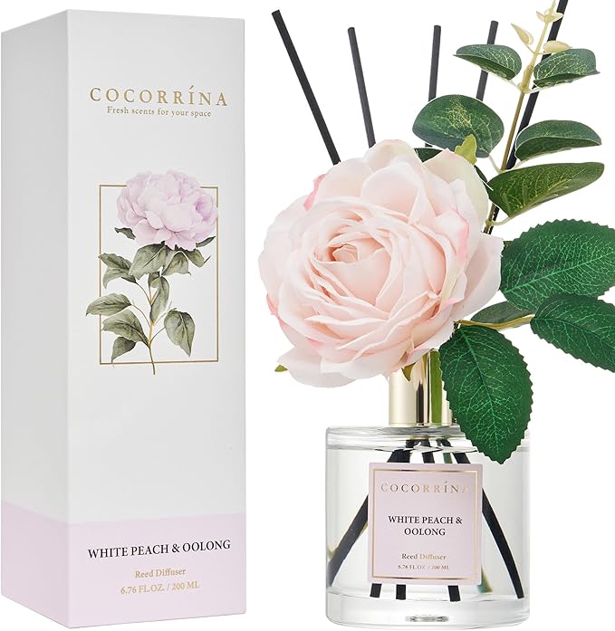 Cocorr??na Flower Reed Diffuser - White Peach& Oolong 6.7oz Scented Diffuser with Sticks Home Fragrance Essential Oil for Bathroom Shelf Decor (Artificial Flower)