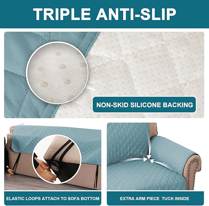 Turquoize 100% Waterproof Couch Cover Sofa Covers for 2 Cushion Couch Loveseat Covers Triple Non-Slip Couch Cover for Dogs Washable Furniture Protector Cover for Pets, Kids (Loveseat 54",Stone Blue)