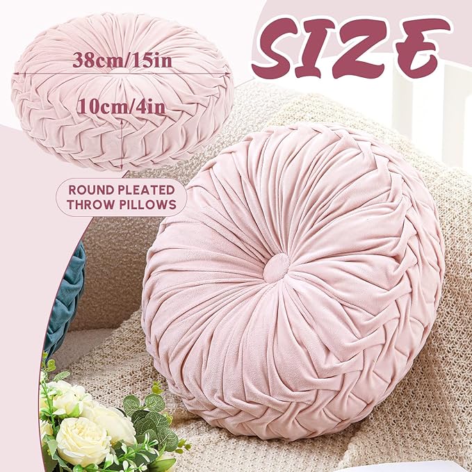 Drydiet 1 Pcs Round Throw Velvet Pillows Decorative Pleated Throw Pillows 15'' Diameter Accent Pumpkin Boho Chair Cushion for Couch Sofa Home Decoration (Pink)