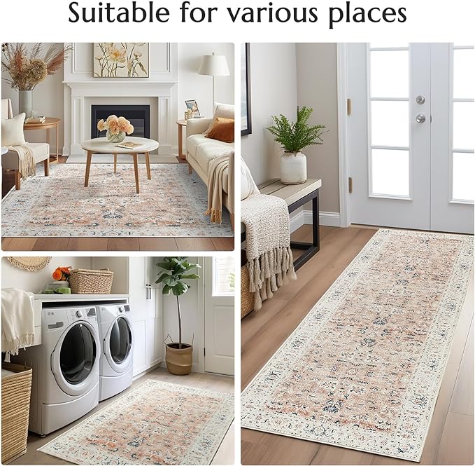 jinchan Area Rug 2x3 Entryway Rug - Washable Vintage Floral Doormat Small Door Mat Indoor Boho Lightweight Thin Non-Slip Retro Distressed Carpet for Doorway Kitchen Bathroom Bedroom Pink Blush
