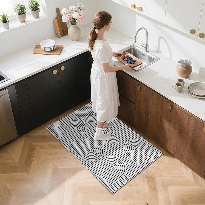 Washable Rug 2x3 Area Rugs for Entryway, Abstract Rug for Bedroom, Soft Rainbow Non Slip Small Area Rug with Rubber Back, Low Pile Stain Resistant Boho Geometric Carpet for Dining Room, Blackwhite