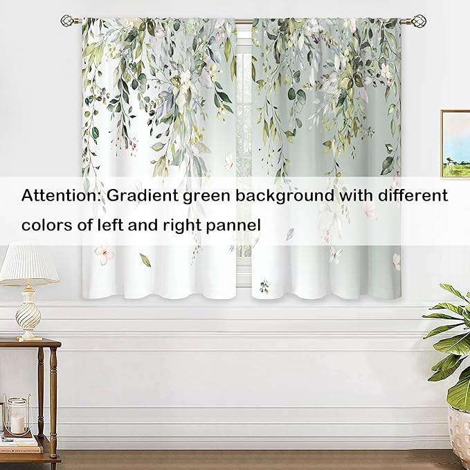 Sage Eucalyptus Botanical Leaves Floral Window Curtains Butterfly Farmhouse Flower Leaf Rod Pocket Sage Green Curtain Drapes Curtains for Bedroom Living Room Treatment 2 Panels 42Wx45H Inch