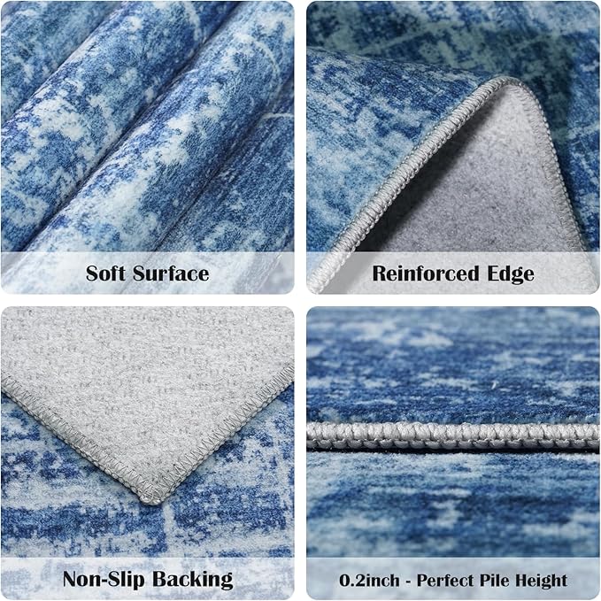 2x8 Washable Kitchen Runner Rug - Modern Abstract Neutral Carpet with Non-Slip Backing Low-Pile Stain-Resistant Thin Runners for Hallway Bathroom Bedroom Entryway (2x8, Blue)