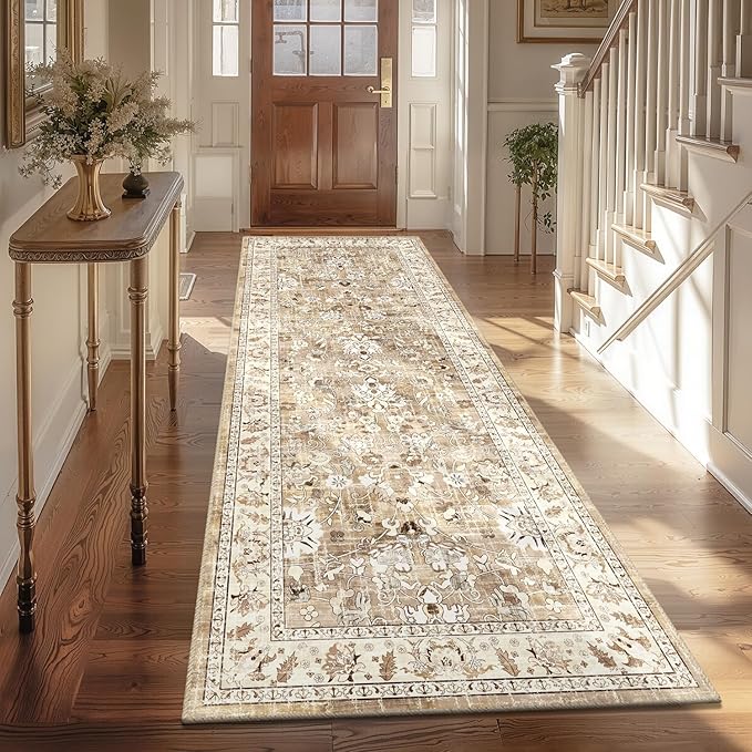 LOKHOM Washable Runner Rug, 3x8 Non-Slip Vintage Hallway Runner Rug with Rubber Backing, Boho Floral Soft Distressed Kitchen Rugs Floor Carpet Runner for Laundry Entrance Bedroom (Beige Brown)