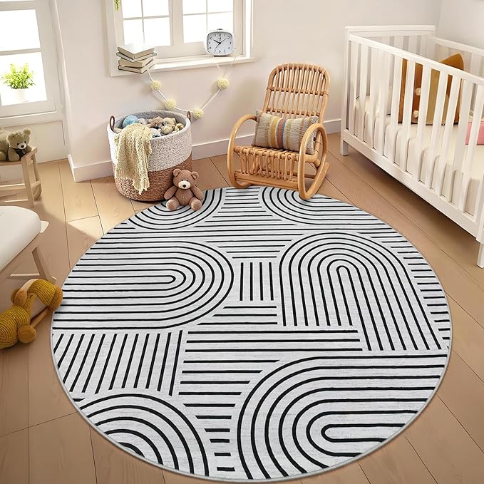 Washable Rug 4ft Area Rugs for Living Room, Abstract Rug for Bedroom, Soft Rainbow Non Slip Throw Rugs with Rubber Back, Low Pile Stain Resistant Boho Geometric Carpet for Dining Room,Blackwhite