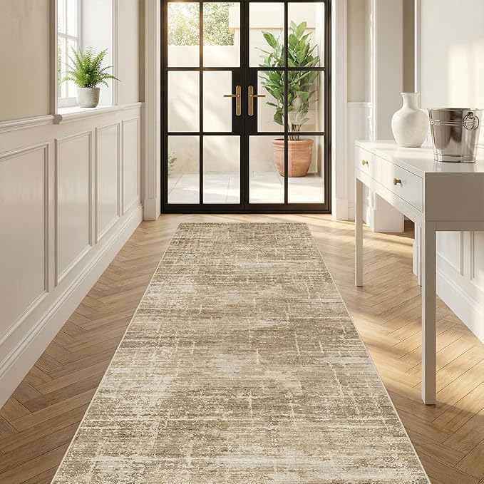 3x6 Washable Kitchen Runner Rug - Modern Abstract Neutral Carpet with Non-Slip Backing Low-Pile Stain-Resistant Thin Runners for Hallway Bathroom Bedroom Entryway (3x6，Tan/Brown)