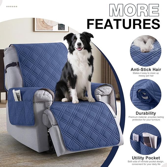 TAOCOCO Waterproof Recliner Chair Covers 30 Inch Wide, Oversized Recliner Covers for Recliner Chair with Pocket, Recliner Slipcovers with Straps Furniture Protector for Kids Pets (30'', Ocean Blue)