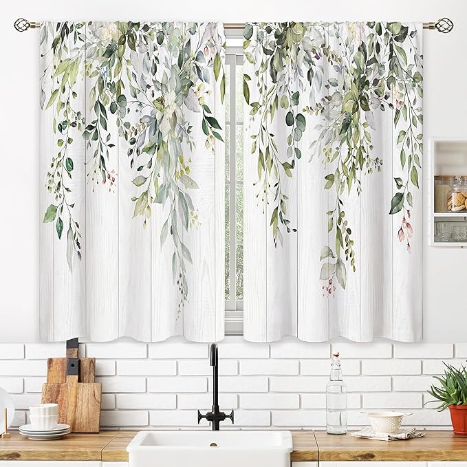 Rustic Wooden Eucalyptus Botanical Leaves Floral Kitchen Window Curtains Farmhouse Flower Leaf Small Treatment Sage Green Cafe Short Curtains for Bathroom Treatment Tier Drapes 26x45 inch