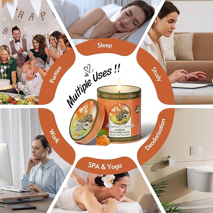 2 Pack Scented Candles (90 Total Burn Hours) - Soy Wax Candles 9 oz Each in Tin - Long Lasting Aromatherapy Candle Gift Set (Amber Vetiver Musk)