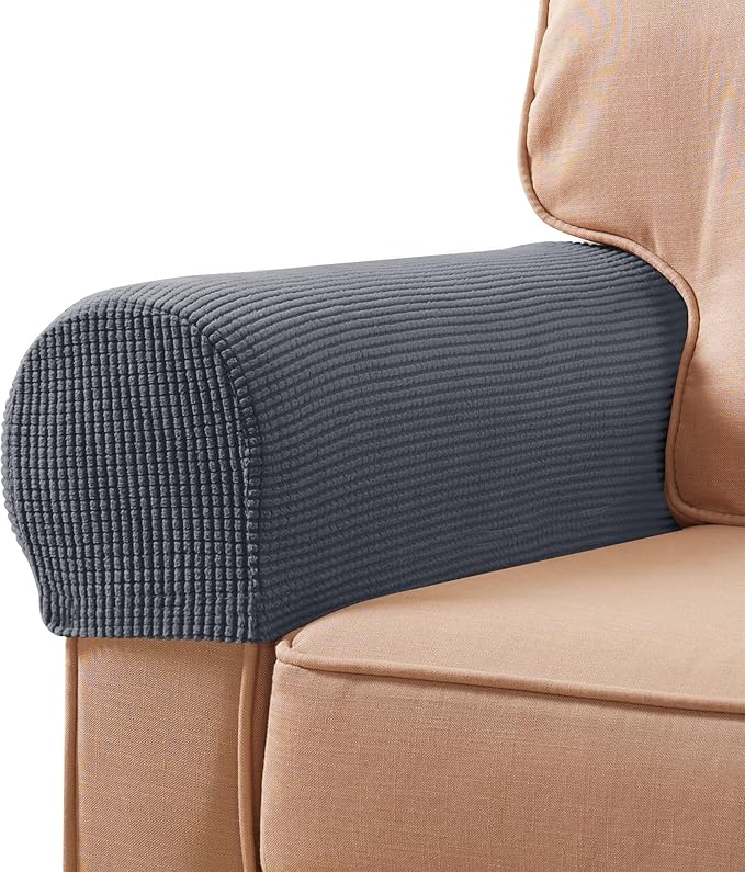 SUBRTEX Stretch Couch Arm Covers Set of 2, Checkered Sofa Arm Slipcovers, Anti-Slip Armrest Covers for Recliner and Armchairs, Pet Proof, High Stretchy, Hook & Loop Tape, Gray