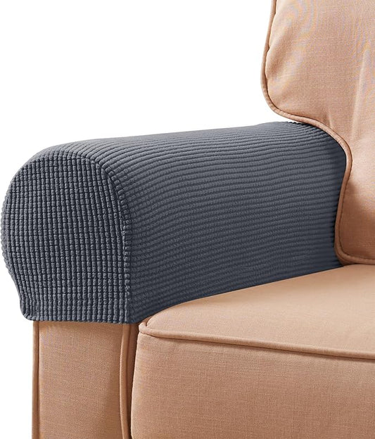 SUBRTEX Stretch Couch Arm Covers Set of 2, Checkered Sofa Arm Slipcovers, Anti-Slip Armrest Covers for Recliner and Armchairs, Pet Proof, High Stretchy, Hook & Loop Tape, Gray