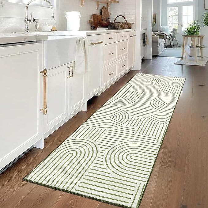ROYHOME Modern Rug 2.5x10 Runners for Hallways, Abstract Kitchen Runner Rugs Non Slip Bath Runner, Rainbow Washable Rug for Bedroom, Soft Long Rugs for Entryway Bathroom Laundry Dorm, Green