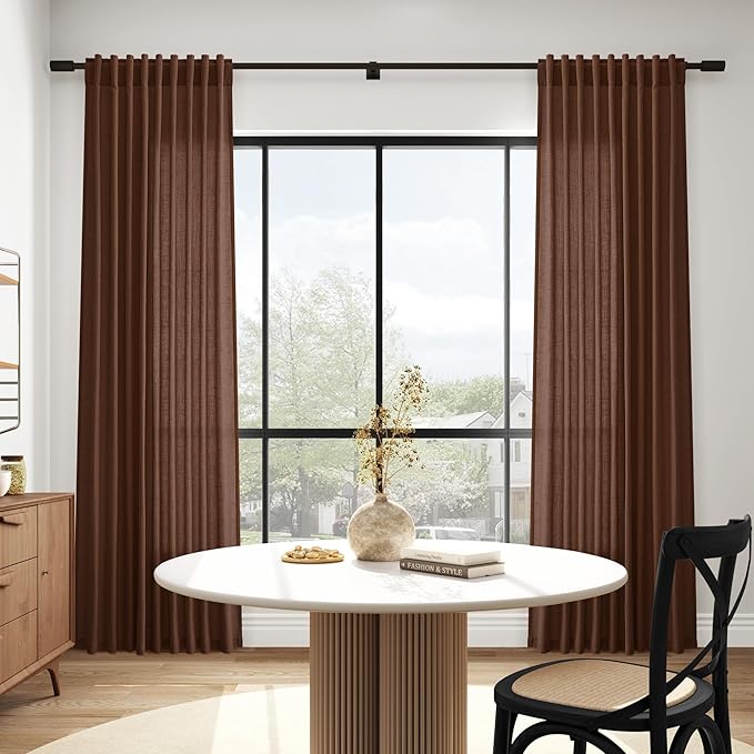 Mocha Brown Linen Curtains 102 Inches Long Rod Pocket Back Tab Drapes 2 Panels for Living Room Bedroom Light Filtering Semi Sheer Rustic Brown Curtain for Patio Door Dining Room52x102