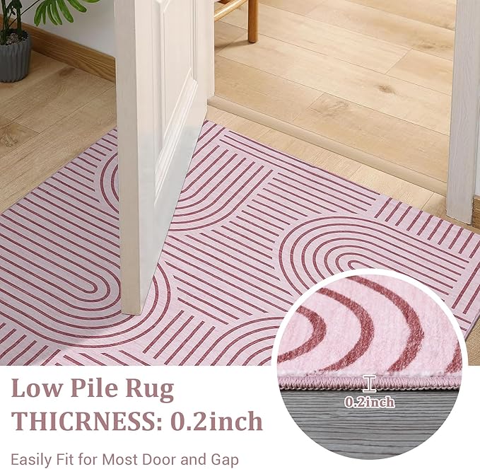 ROYHOME Washable Rug 5x7 Area Rugs for Living Room, Abstract Rug for Bedroom, Soft Rainbow Non Slip Throw Rugs with Rubber Back, Low Pile Stain Resistant Boho Geometric Carpet for Dining Room, Pink