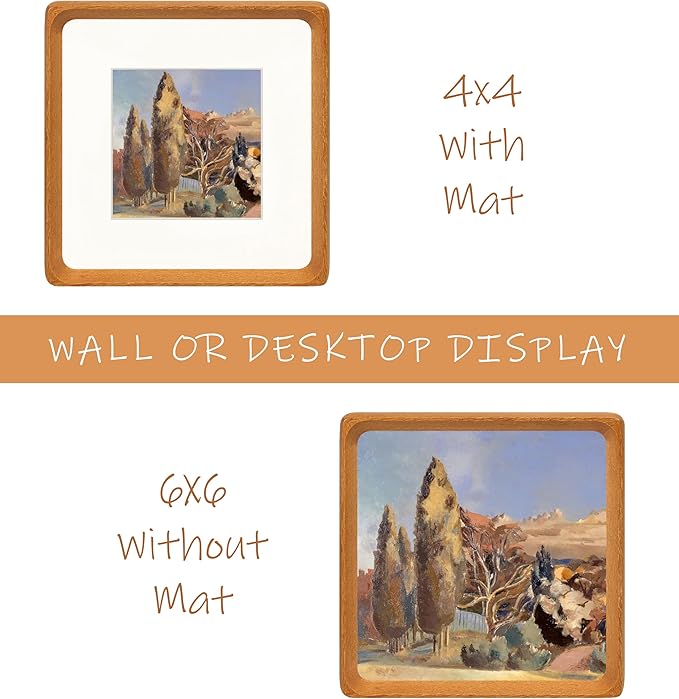 Square 6x6 Picture Frame with Mat for 4x4, Natural Teak Wood Handcrafted Rounded Corner with Real Glass, Vertical or Horizontal Display Photo Gallery Wall & Tabletop Frame