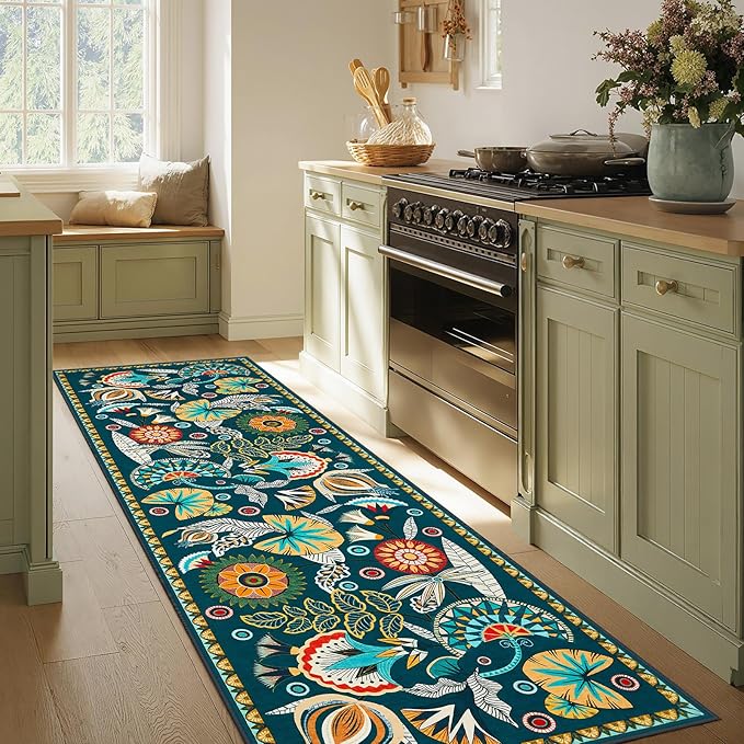 Joydeco Egypt Floral Boho 2x8 Bathroom Hallway Runner Rug Non Slip, Washable Dark Green Kitchen Rug Runner, Vintage Ultra-Thin Long Carpet for Entryway Laundry Bath Room Bed Beside
