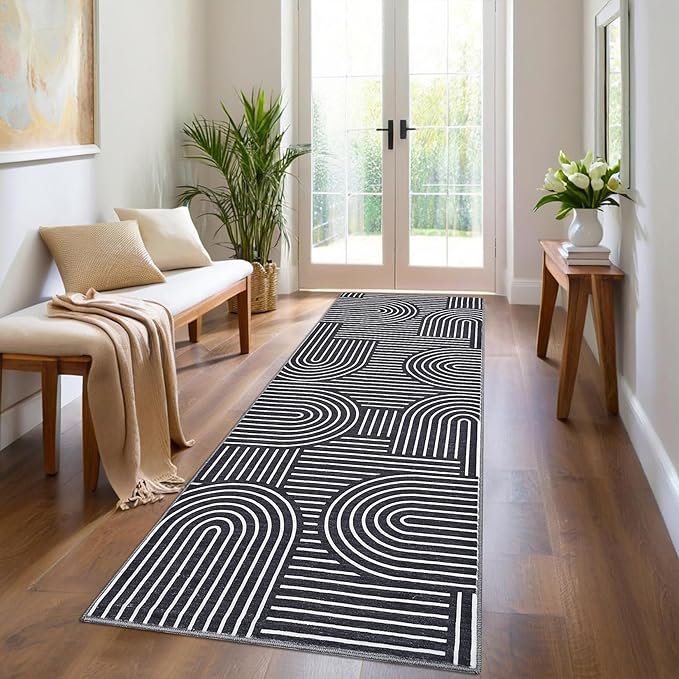 ROYHOME Modern Rug 2.5x8 Runners for Hallways, Abstract Kitchen Runner Rugs Non Slip Bath Runners, Rainbow Washable Runner Rug for Bedroom, Soft Long Rugs for Entryway Bathroom Laundry Dorm, Black