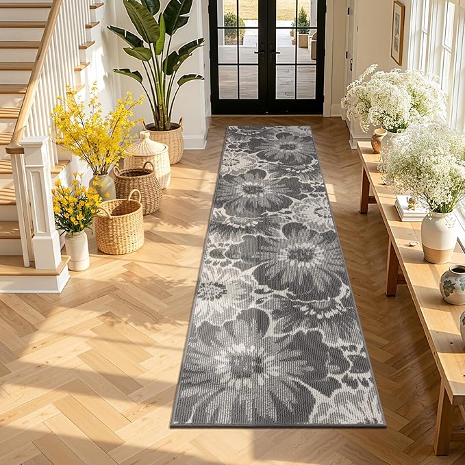 Findosom Hallway Runner Rug 2x8, Non Slip High-Low Textured Floral Washable Runner Rug with Rubber Backing, Boho Carpet Runner for Kitchen, Entryway, Bedroom, Laundry, Gray