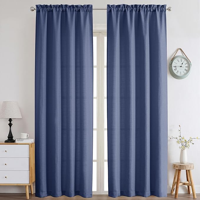 Chyhomenyc Bennet Blue Curtains 96 Inches Long 2 Panels, Faux Linen Textured Semi Sheer Airy Light Filtering Soft Privacy Farmhouse Curtain Drapes for Living Room Bedroom, Each 40" Wx96 L