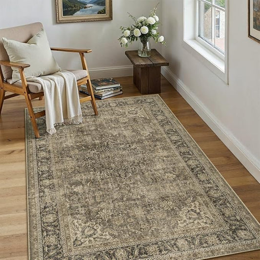 3x4 Washable Area Rug Brown Vintage Non Slip Soft Low Pile Rug for Entryway Kitchen Bathroom Distressed Oriental Throw Carpet for Living Room Bedroom Home Decor