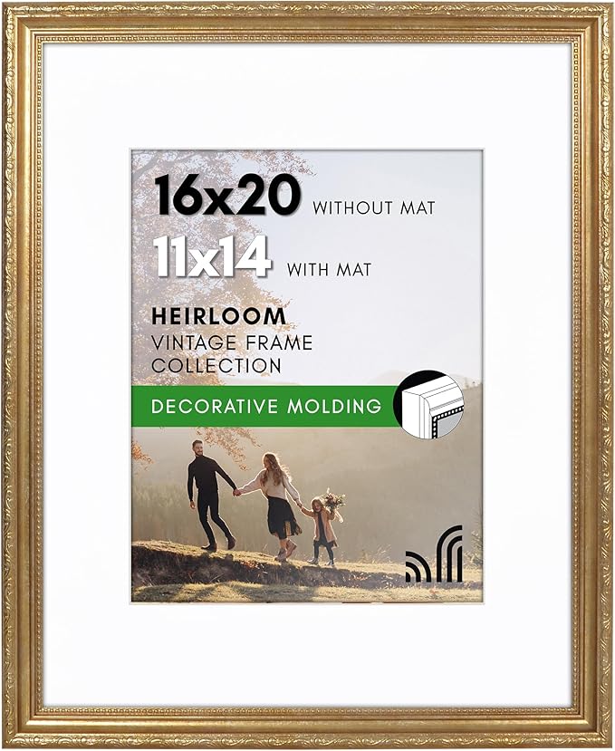 Americanflat 16x20 Picture Frame with Polished Plexiglass - Use as 11x14 Frame with Mat or Display 16x20 Photo Without Mat - Ornate Picture Frames for Wall Display - Gold