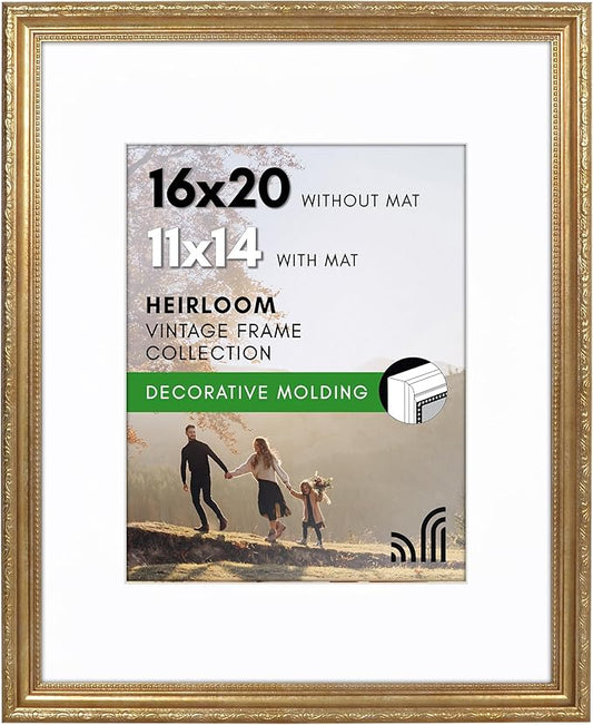 Americanflat 16x20 Picture Frame with Polished Plexiglass - Use as 11x14 Frame with Mat or Display 16x20 Photo Without Mat - Ornate Picture Frames for Wall Display - Gold