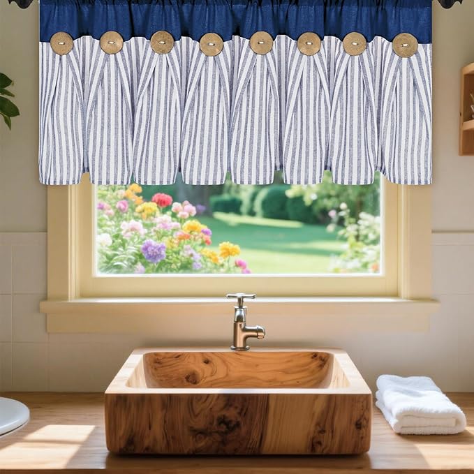 ASPMIZ Cotton Linen Kitchen Valance Curtains, Boho Rustic Button Valances for Windows Farmhouse Style, Blue Striped Valance Window Topper Treatment Tiers, Window Valances for Bathroom, 52 x 18 Inch