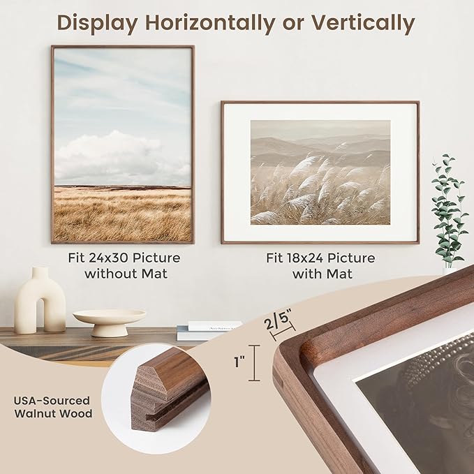 24x30 Poster Frame, USA-Sourced Walnut Wood Picture Frame with HD Tempered Glass, Handcrafted Rounded Corner 24 x 30 Wooden Frames Matted to 18x24 Photos, Horizontal or Vertical Wall Display