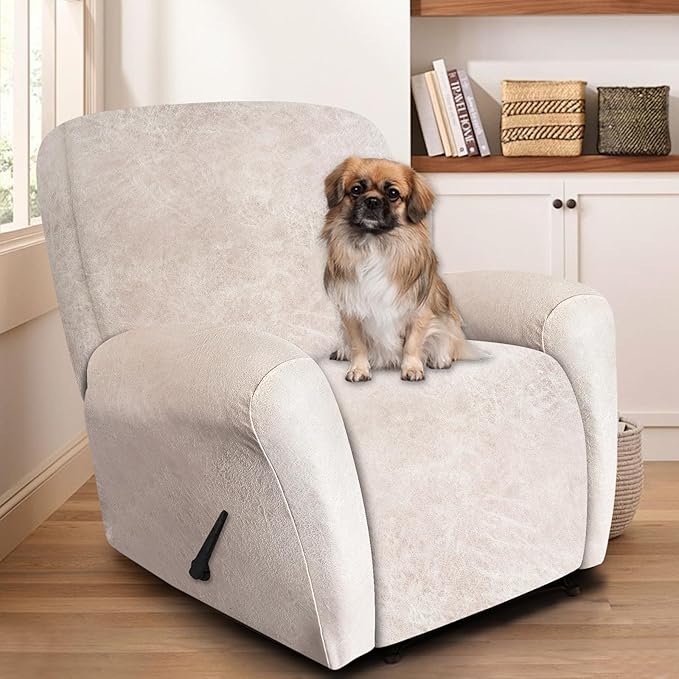 ANARACHON Recliner Chair Covers Leather Look, 4 Pieces Recliner Covers Non Slip, Soft Slipcovers for Large Recliners, Furniture Protector Washable for Pets (1 Seater, 02 Beige)