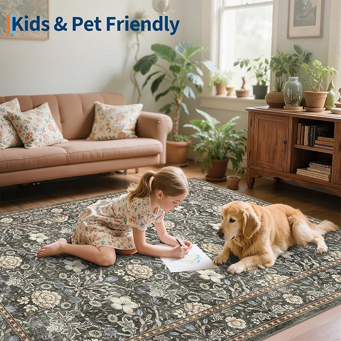 GarveeHome Washable Area Rug 6x9, Soft Vintage Floral Bedroom Rug Non Slip Low Pile Carpet Stain Resistant Gray Throw Rug for Bedside Kids Room Office Dining Room