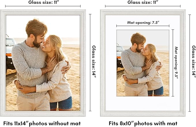 Americanflat Vintage Frames - 11x14 Picture Frame with Beaded Accents and Shatter-Resistant Glass - Use as 8x10 Frame or Display 11x14 Photos Without Mat - Heirloom Collection - Wall Display - White