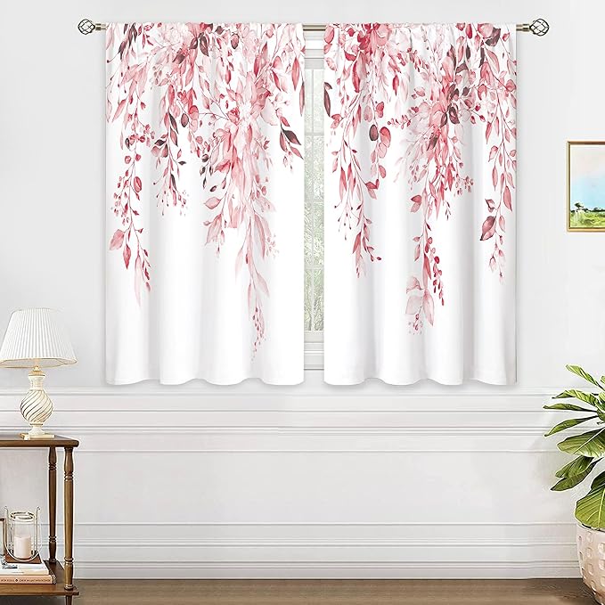 Pink Eucalyptus Botanical Leaves Floral Window Curtains Farmhouse Rustic Flower Plant Wildflower Farmhouse Curtain Drapes Herb Curtains for Bedroom Living Room Treatment 42Wx45H Inch