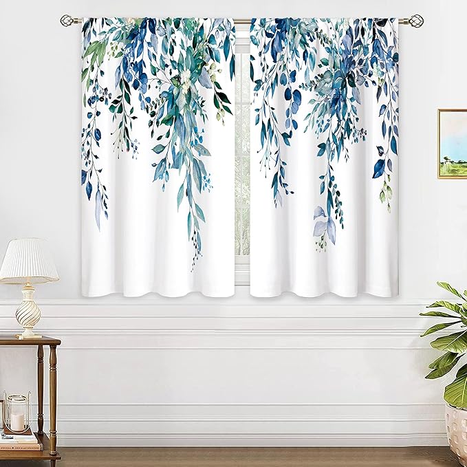 Teal Eucalyptus Botanical Leaves Floral Small Kitchen Curtains Blue Flower Window Treatment Wildflower Plant Cafe Short Window Curtains for Bathroom Room Tier Treatment Drapes 26x30 inch