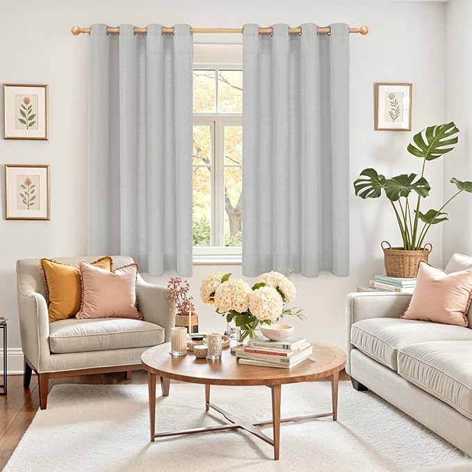 YoungsTex Grey Linen Semi Sheer Curtains 45 Inches Length for Kitchen Window, Short Drapes Light Filtering with Grommet for Cafe Bedroom Bathroom, 2 Panels, 52 X 45 Inch