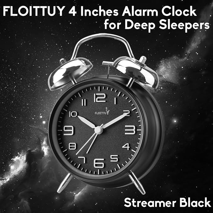 FLOITTUY (Loud Alarm for Deep Sleepers 4'' Twin Bell Alarm Clock, Stereo Digital Dial Alarm Clock with Backlight for Bedroom and Home Decoration(Streamer Black) - Image 2