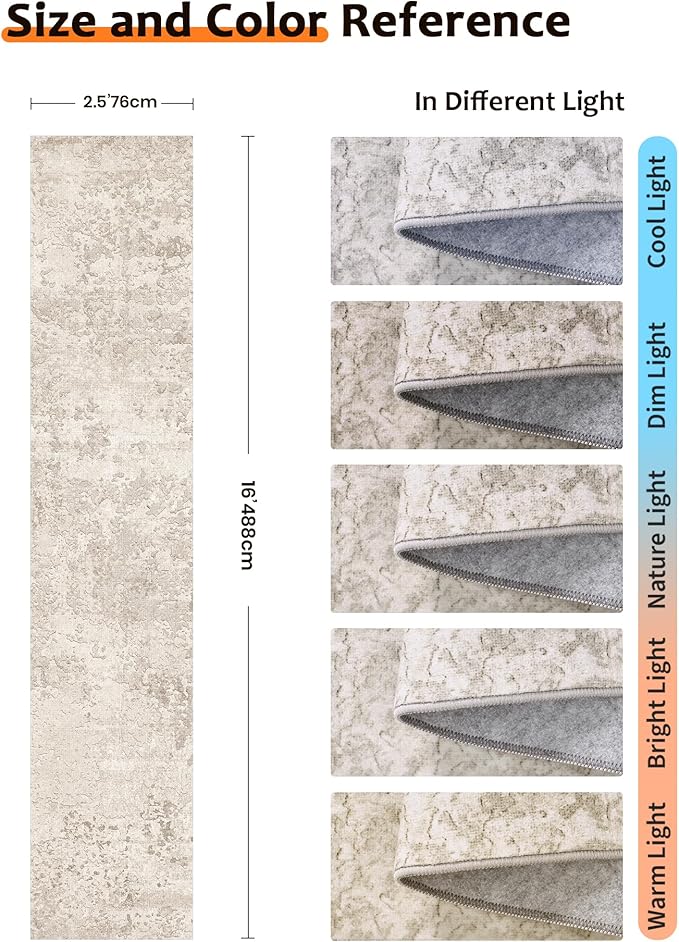 Art&Tuft Non-Slip Runner Rug - 2'6"x16' Runner Rug Washable Low-Pile Rugs Runners, Soft Distressed Carpet Runner for Bedroom Bathroom Kitchen Laundry Living Room, Beige