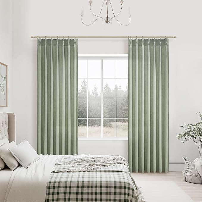 PleatedDrapes Sage Green Farmhouse Curtains for Living Room 96 Inches Long 2 Panels Set, Pinch Pleat Linen Sheer Curtain Light Filtering Privacy for 96 Inch Length Large Window Drape(Hooks & Back Tab)