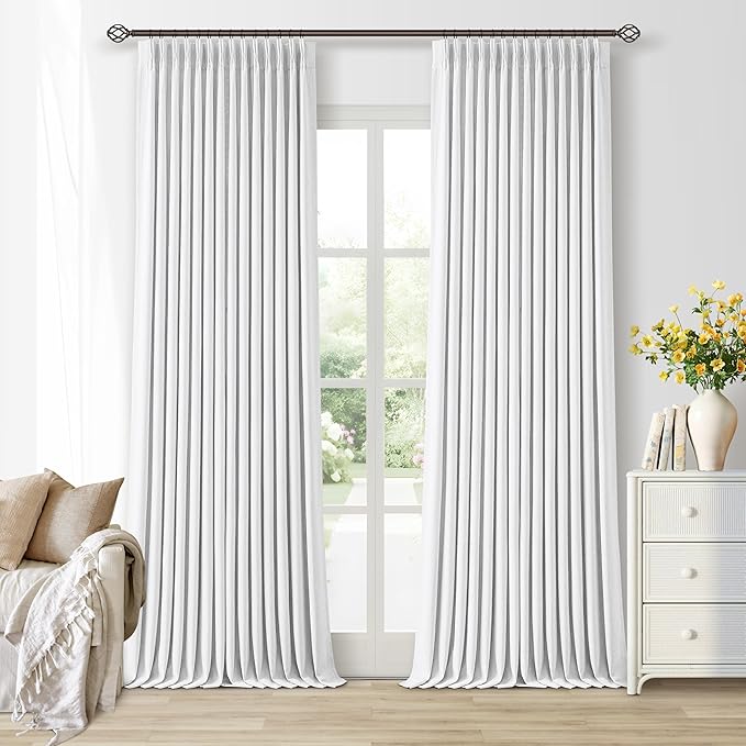 Pure White 96 Inch Blackout Pinch Pleated Curtains 2 Panel Set for Living Room Darkening Thick Linen Textured 100% Black Out Drapes 96 Inches Long Pinch Pleat Light Blocking Bedroom Soft Snow White