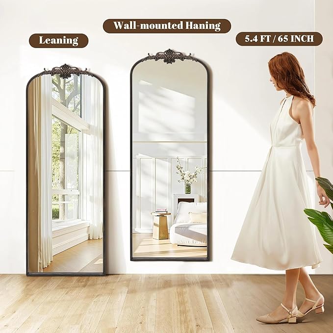 Besdomus Arched Mirror Full Length: 21"x56" French Black Vintage Full Body Mirror - Floor Antique Baroque Traditional Ornate for Entryway/Cloakroom/Bedroom/Living Room - Home Decor for Homemakers