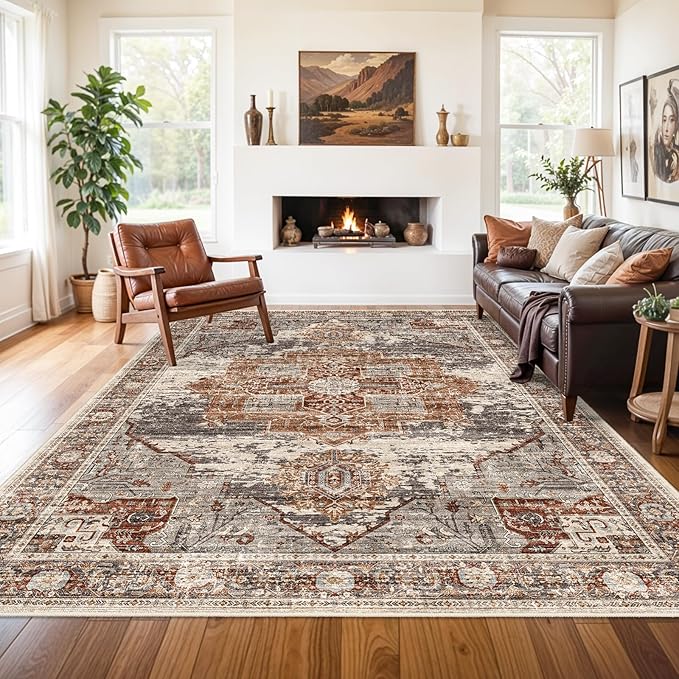 RUUGME Washable 8x10 Area Rugs - Large Rugs for Living Room Stain Resistant Carpet Vintage Rugs for Bedroom with Non Slip Backing Home Decor Floor Decoration Mat (8x10 Brick)