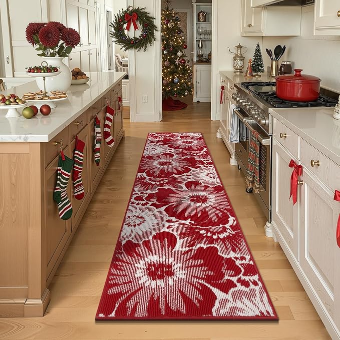 Findosom Christmas Runner Rug 2x8, Non Slip High-Low Textured Floral Washable Runner Rug with Rubber Backing, Boho Carpet Runners for Hallway, Kitchen, Entryway, Bedroom, Laundry & Holiday Decor, Red